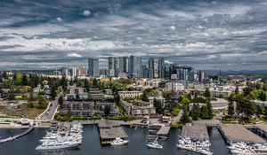 Preview wallpaper city, aerial view, buildings, coast, boats