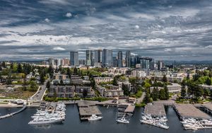 Preview wallpaper city, aerial view, buildings, coast, boats