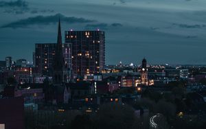 Preview wallpaper city, aerial view, buildings, road, trees, twilight