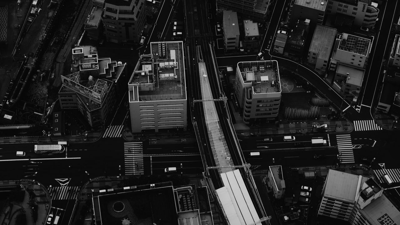 Wallpaper city, aerial view, buildings, road, black and white