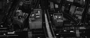 Preview wallpaper city, aerial view, buildings, road, black and white