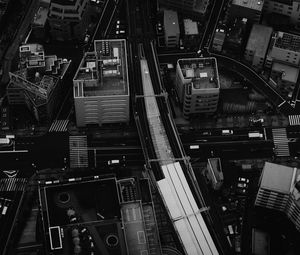 Preview wallpaper city, aerial view, buildings, road, black and white