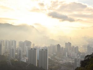 Preview wallpaper city, aerial view, buildings, fog, light