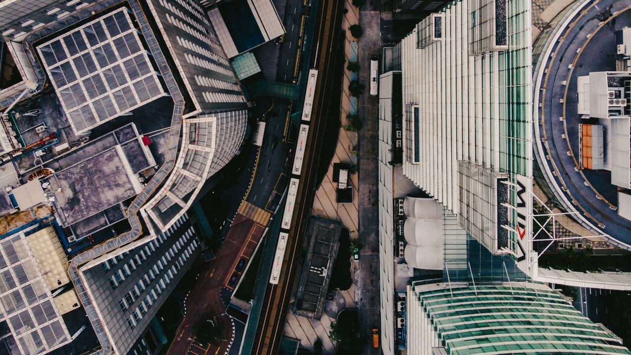 Wallpaper city, aerial view, buildings, road, metropolis