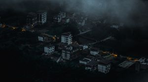 Preview wallpaper city, aerial view, buildings, clouds, dark