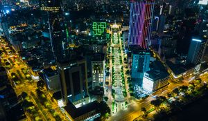 Preview wallpaper city, aerial view, buildings, road, lights, night