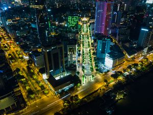 Preview wallpaper city, aerial view, buildings, road, lights, night