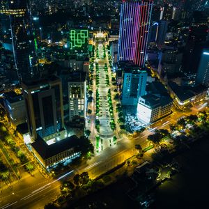 Preview wallpaper city, aerial view, buildings, road, lights, night
