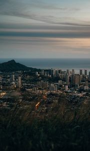 Preview wallpaper city, aerial view, cityscape, water, mountain, grass