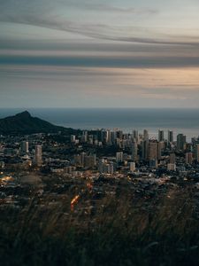 Preview wallpaper city, aerial view, cityscape, water, mountain, grass