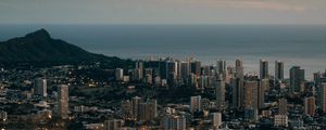 Preview wallpaper city, aerial view, cityscape, water, mountain, grass