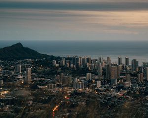 Preview wallpaper city, aerial view, cityscape, water, mountain, grass