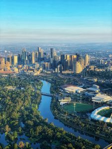 Preview wallpaper city, aerial view, cityscape, buildings, river