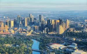 Preview wallpaper city, aerial view, cityscape, buildings, river