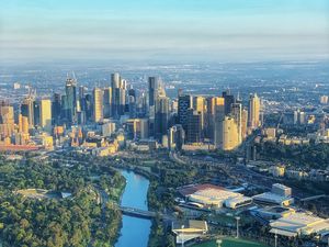 Preview wallpaper city, aerial view, cityscape, buildings, river