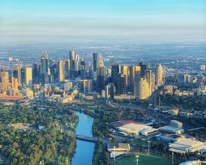 Preview wallpaper city, aerial view, cityscape, buildings, river