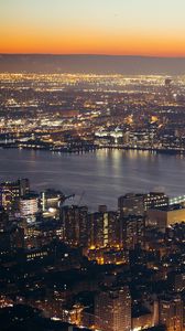 Preview wallpaper city, aerial view, cityscape, river, lights, twilight