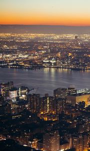 Preview wallpaper city, aerial view, cityscape, river, lights, twilight