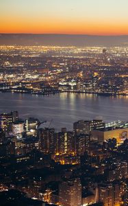 Preview wallpaper city, aerial view, cityscape, river, lights, twilight