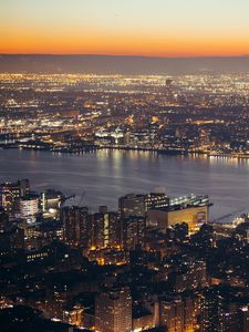 Preview wallpaper city, aerial view, cityscape, river, lights, twilight