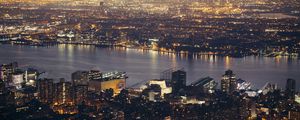 Preview wallpaper city, aerial view, cityscape, river, lights, twilight