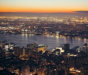 Preview wallpaper city, aerial view, cityscape, river, lights, twilight