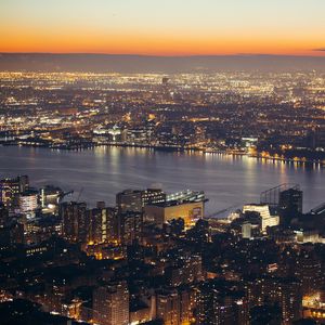 Preview wallpaper city, aerial view, cityscape, river, lights, twilight