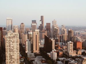 Preview wallpaper city, aerial view, cityscape, buildings, road