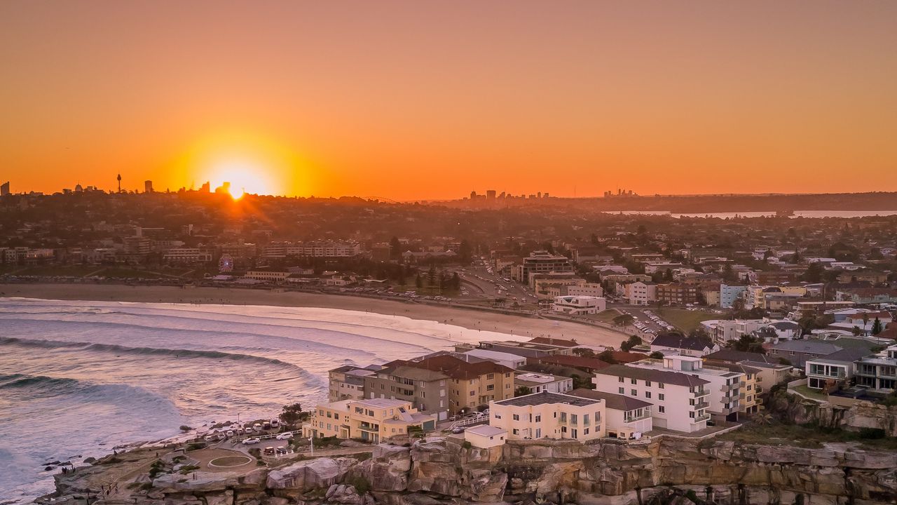 Wallpaper city, aerial view, coast, sunset, sea, beach, buildings