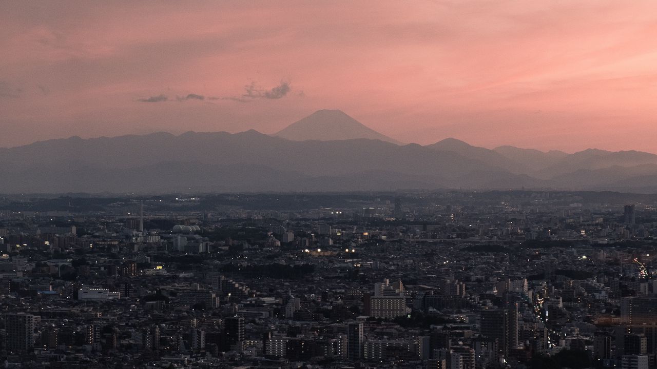 Wallpaper city, aerial view, dusk, buildings, cityscape