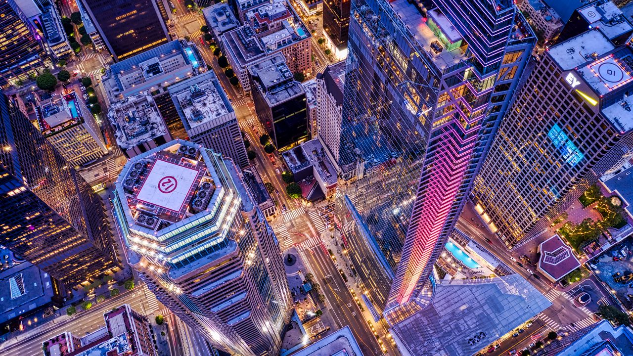Wallpaper city, aerial view, lights, road