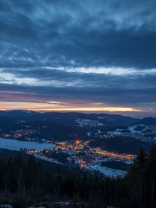 Preview wallpaper city, aerial view, mountains, night, twilight, landscape