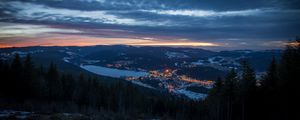 Preview wallpaper city, aerial view, mountains, night, twilight, landscape