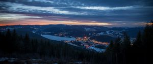 Preview wallpaper city, aerial view, mountains, night, twilight, landscape