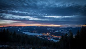 Preview wallpaper city, aerial view, mountains, night, twilight, landscape