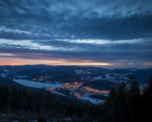 Preview wallpaper city, aerial view, mountains, night, twilight, landscape