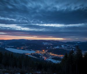 Preview wallpaper city, aerial view, mountains, night, twilight, landscape