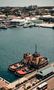 Preview wallpaper city, aerial view, pier, buildings, ships, water