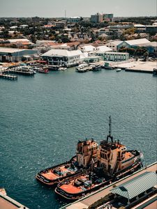 Preview wallpaper city, aerial view, pier, buildings, ships, water
