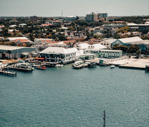 Preview wallpaper city, aerial view, pier, buildings, ships, water