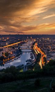 Preview wallpaper city, aerial view, river, buildings, lights