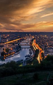 Preview wallpaper city, aerial view, river, buildings, lights