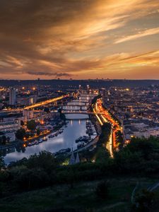 Preview wallpaper city, aerial view, river, buildings, lights