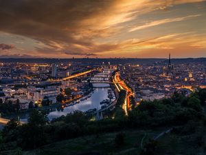 Preview wallpaper city, aerial view, river, buildings, lights