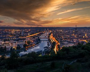 Preview wallpaper city, aerial view, river, buildings, lights