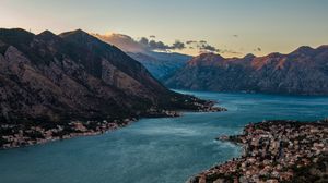 Preview wallpaper city, aerial view, river, mountains, buildings