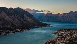 Preview wallpaper city, aerial view, river, mountains, buildings