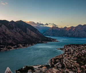 Preview wallpaper city, aerial view, river, mountains, buildings