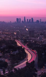 Preview wallpaper city, aerial view, road, sunset, los angeles, united states