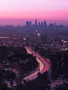 Preview wallpaper city, aerial view, road, sunset, los angeles, united states